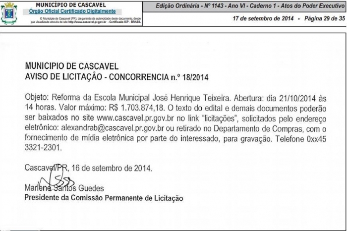 Abertura de licitação já foi publicada em Diário Oficial|