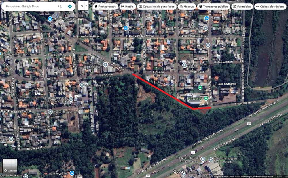 Em vermelho, o trecho ainda sem asfalto entre as ruas da Lapa e Cesário Bazaki