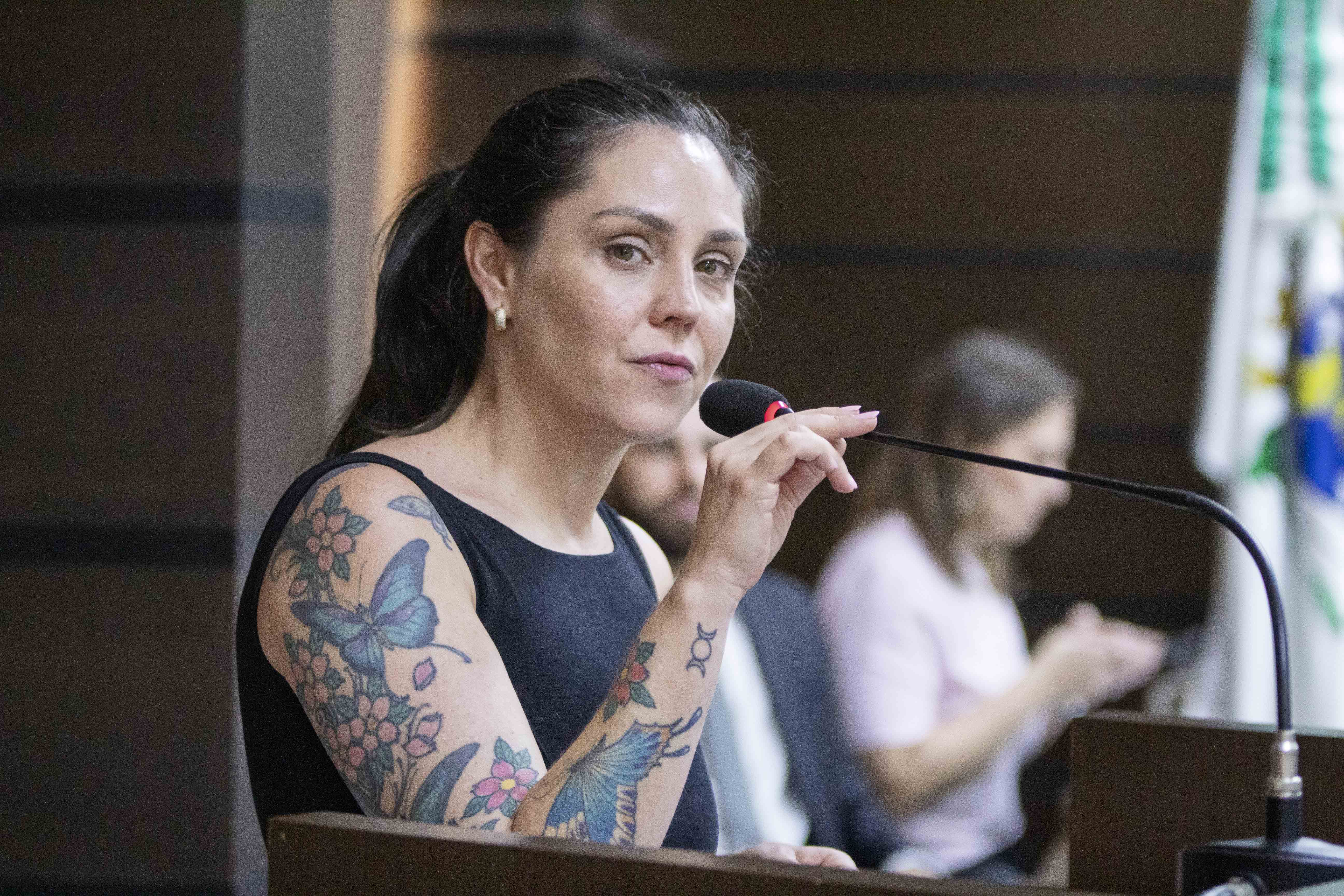 Karen Capelesso, da OAB Cascavel, fala da tribuna aos vereadores e à plateia