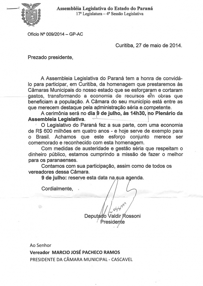 Documento oficializa homenagem atribuída à Câmara Municipal