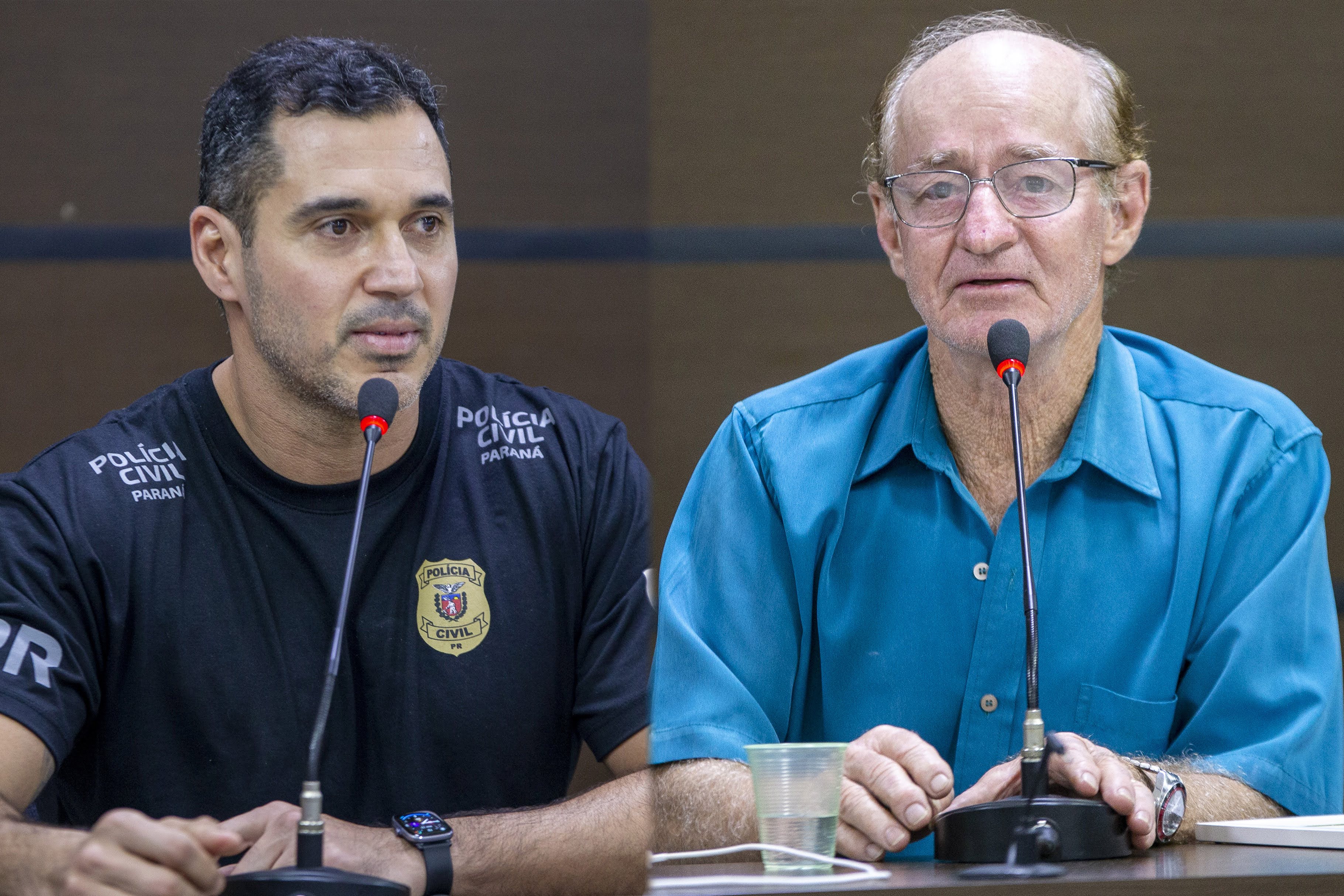 O delegado Fabiano, da Delegacia de Homicídios (esq.), e o senhor Breno Lambe receberam as homenagens